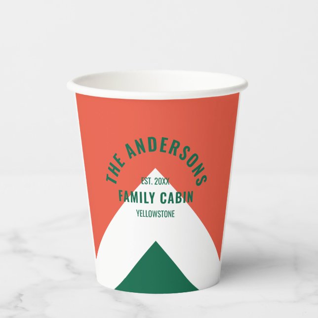 Retro Family Cabin Personalized Name Green Red  Paper Cups (Front)