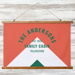 Retro Family Cabin Personalized Name Red Green Hanging Tapestry