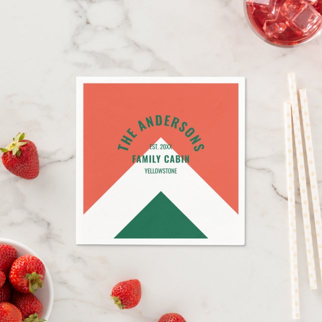 Retro Family Cabin Personalized Name Red Green Napkins (Insitu)