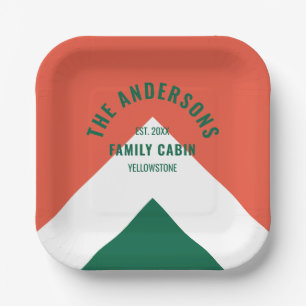 Retro Family Cabin Personalized Name Red Green Paper Plates