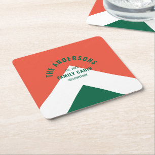 Retro Family Cabin Personalized Name Red Green  Square Paper Coaster