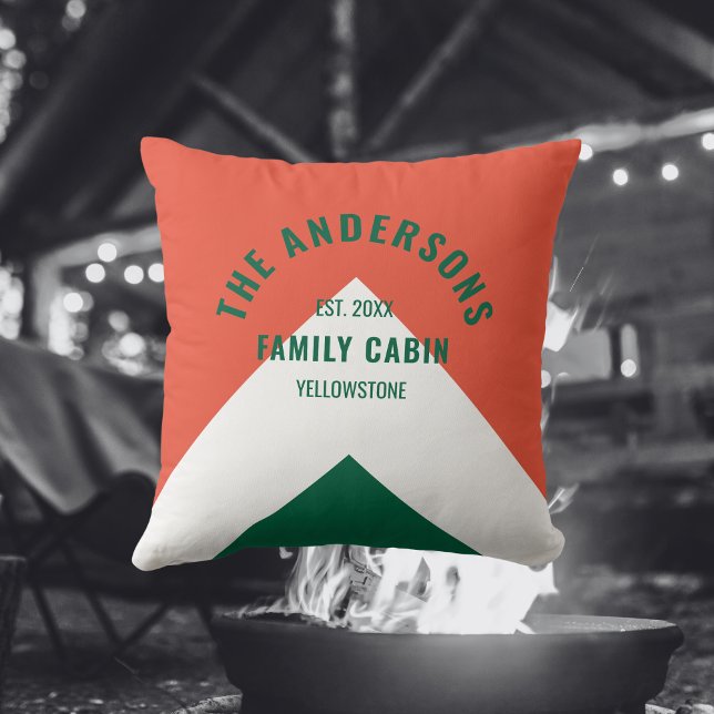 Retro Family Cabin Personalized Name Red Green Throw Pillow (Creator Uploaded)