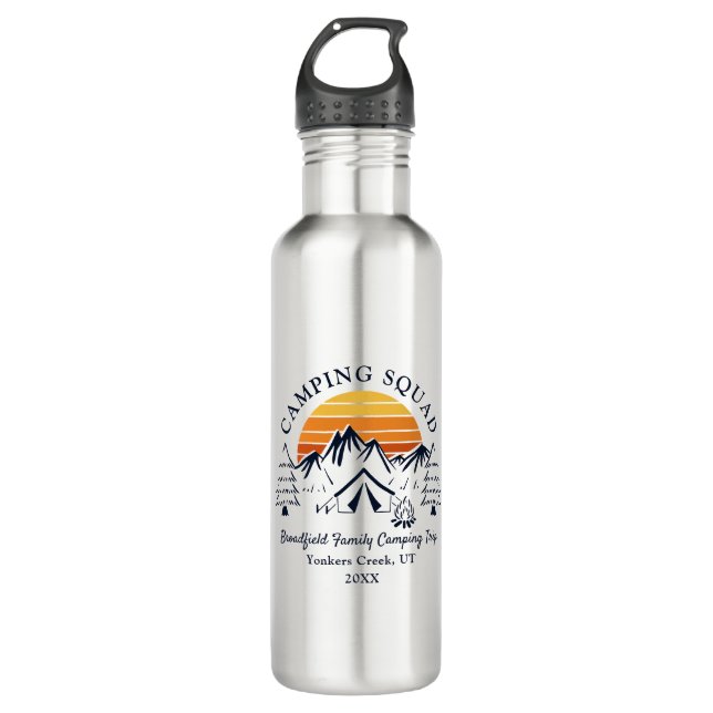 Retro Family Camping Squad Matching Vacation Stainless Steel Water Bottle (Front)