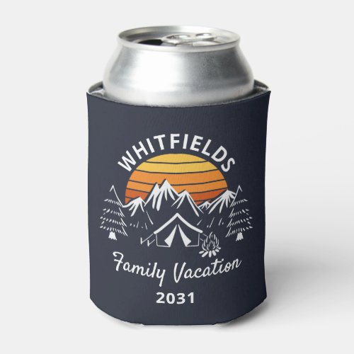 Retro Family Camping Vacation Custom Name Can Cooler
