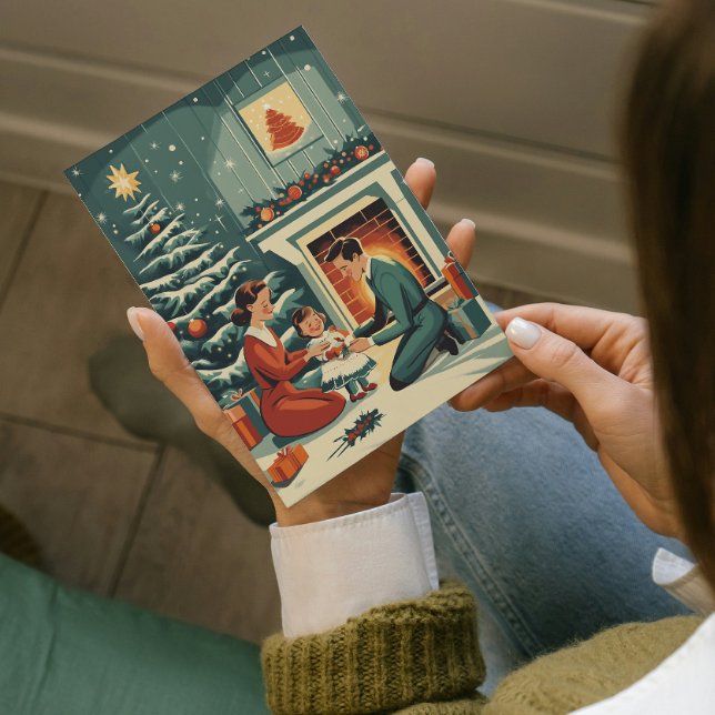 Retro Family Christmas by the Fireplace Holiday Card (Creator Uploaded)