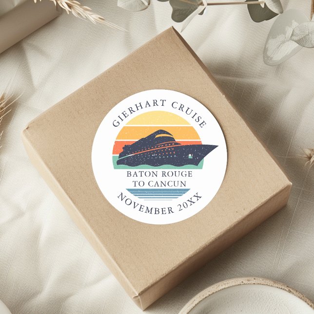 Retro Family Cruise Trip Personalized Classic Round Sticker (Modern Nautical Cruise Ship Classic Round Sticker)