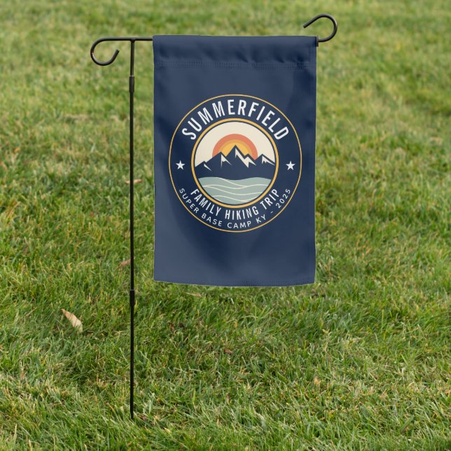 Retro Family Hiking Sunset Mountains Garden Flag (In SItu)