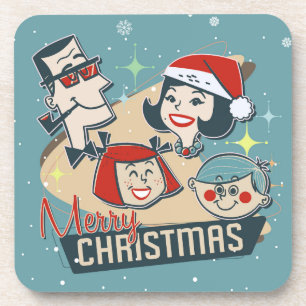 Retro Family Merry Christmas Happy New Year Beverage Coaster