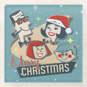 Retro Family Merry Christmas Happy New Year Glass Coaster