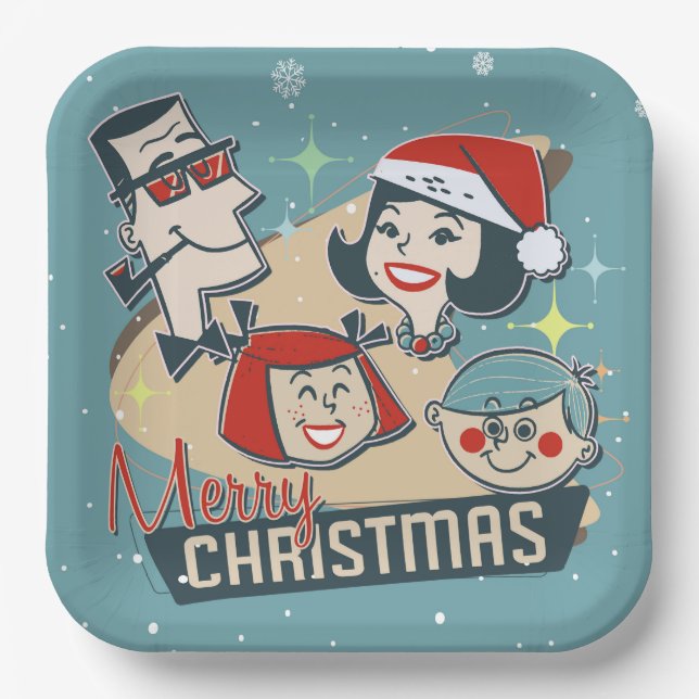 Retro Family Merry Christmas Happy New Year Paper Plates (Front)
