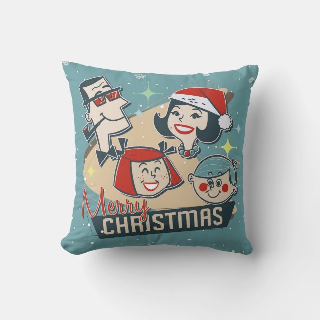 Retro Family Merry Christmas Happy New Year Throw Pillow (Front)