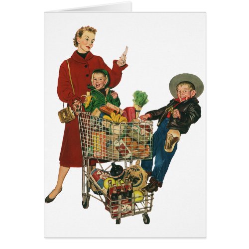 Retro Family Mom and Kids Cart Grocery Shopping