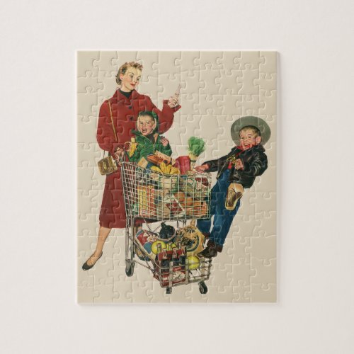 Retro Family Mom and Kids Cart Grocery Shopping Jigsaw Puzzle