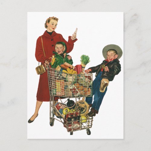 Retro Family Mom and Kids Cart Grocery Shopping Postcard