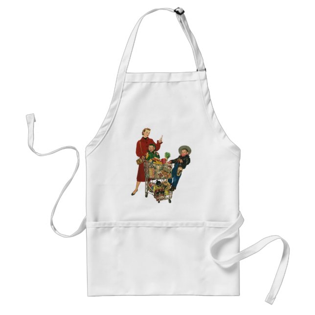 Retro Family, Mom and Kids Grocery Shopping Cart Adult Apron (Front)