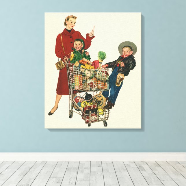 Retro Family, Mom and Kids Grocery Shopping Cart Canvas Print (Insitu(Wood Floor))