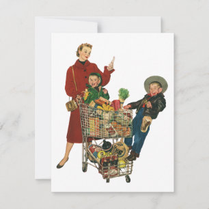 Retro Family, Mom and Kids Grocery Shopping Cart Invitation