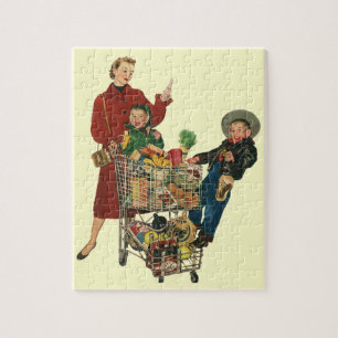 Retro Family, Mom and Kids Grocery Shopping Cart Jigsaw Puzzle
