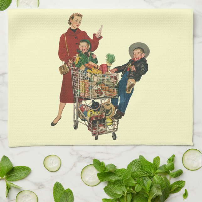 Retro Family, Mom and Kids Grocery Shopping Cart Kitchen Towel (Folded)