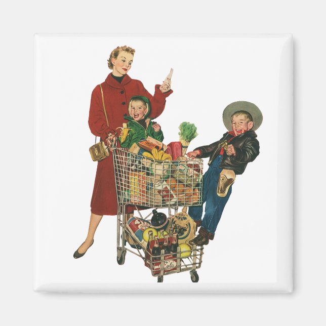 Retro Family, Mom and Kids Grocery Shopping Cart Magnet (Front)