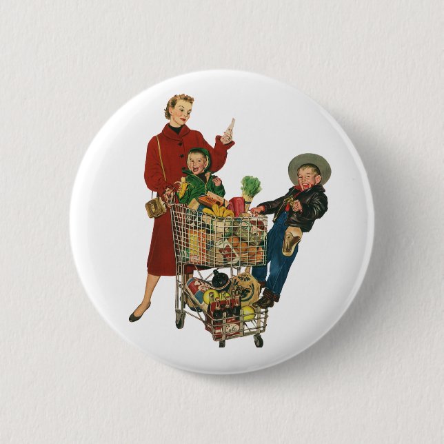 Retro Family, Mom and Kids Grocery Shopping Cart Pinback Button (Front)