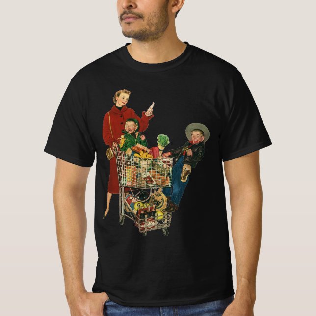 Retro Family, Mom and Kids Grocery Shopping Cart T-Shirt (Front)