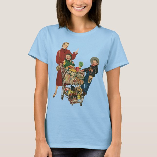 Retro Family, Mom and Kids Grocery Shopping Cart T-Shirt (Front)
