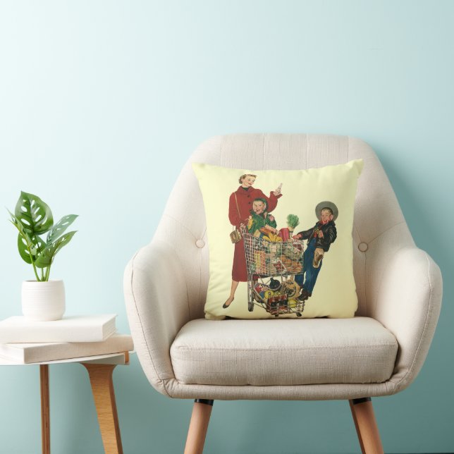 Retro Family, Mom and Kids Grocery Shopping Cart Throw Pillow (Chair)