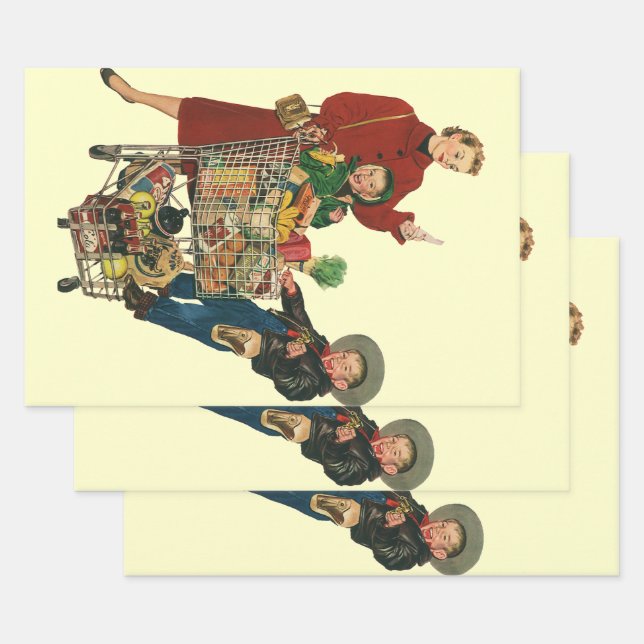 Retro Family, Mom and Kids Grocery Shopping Cart Wrapping Paper Sheets (Set)