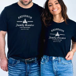 Retro Family Reunion or Trip | Rustic Pine Trees T-Shirt<br><div class="desc">Perfect for your upcoming family reunion or get together. This retro style design features a white logo with 3 pine trees and your name. Personalize further with 3 lines of custom text - add "Family Reunion, Family Trip, location, date, or delete. A fun keepsake for a reunion at the lake,...</div>
