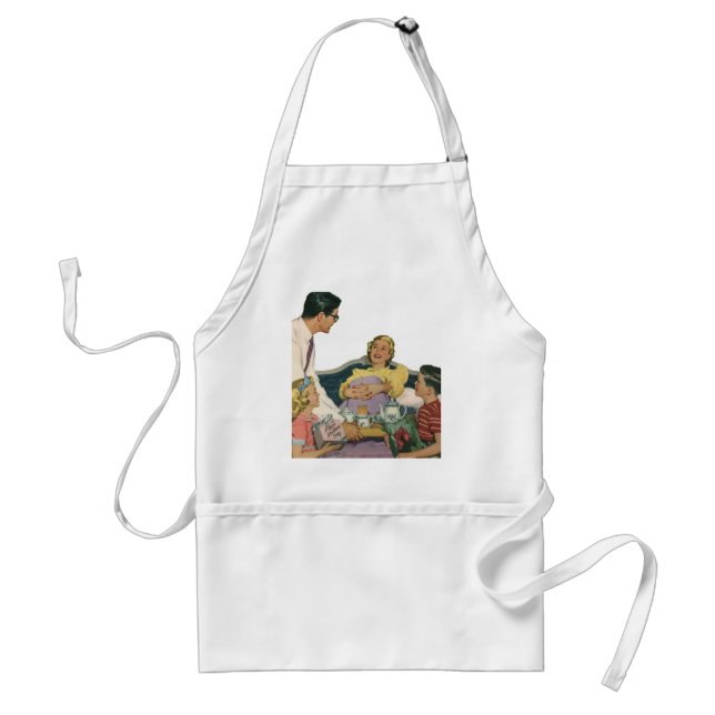 Retro Family Serves Mom Breakfast in Bed Adult Apron (Front)