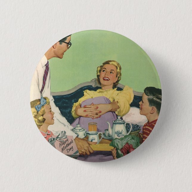 Retro Family Serves Mom Breakfast in Bed Button (Front)