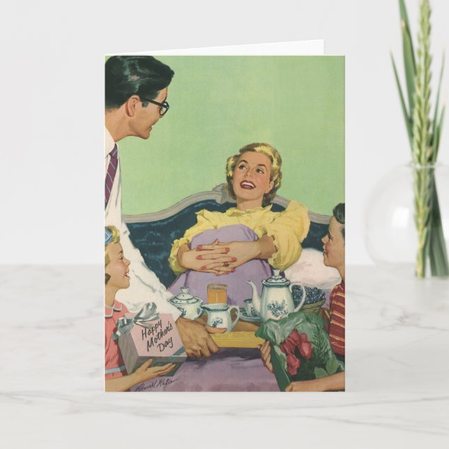 Retro Family Serves Mom Breakfast in Bed Card (Front)