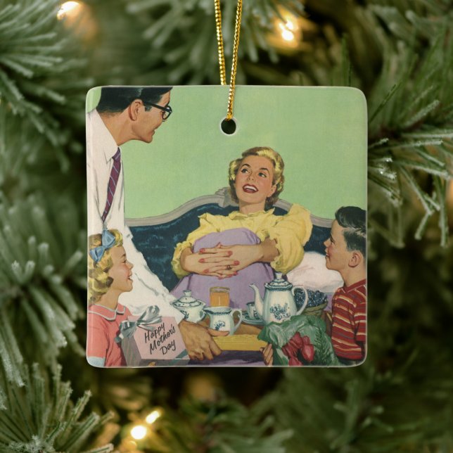 Retro Family Serves Mom Breakfast in Bed Ceramic Ornament (Tree)