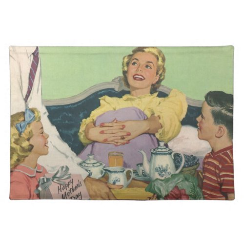 Retro Family Serves Mom Breakfast in Bed Cloth Placemat