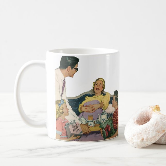 Retro Family Serves Mom Breakfast in Bed Coffee Mug (With Donut)
