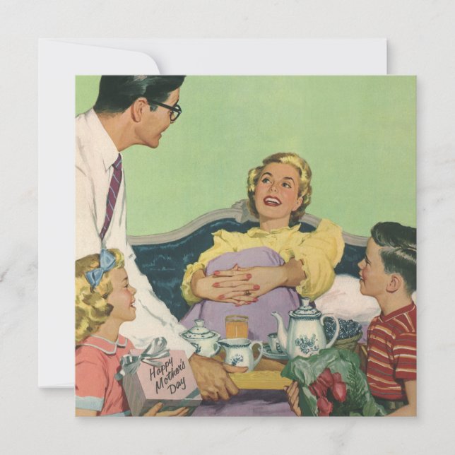 Retro Family Serves Mom Breakfast in Bed Invitation (Front)