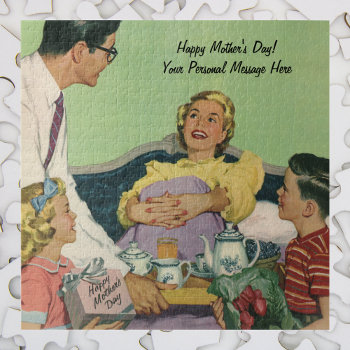 Retro Family Serves Mom Breakfast In Bed Jigsaw Puzzle by YesterdayCafe at Zazzle