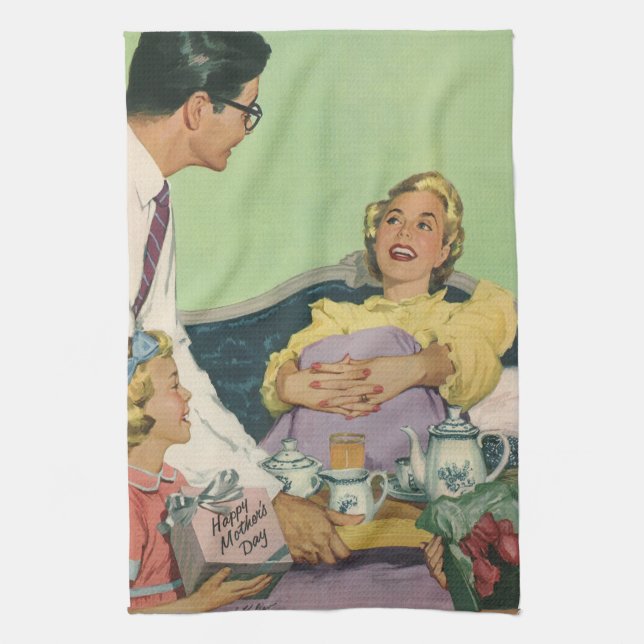 Retro Family Serves Mom Breakfast in Bed Kitchen Towel (Vertical)