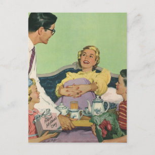 Retro Family Serves Mom Breakfast in Bed Postcard