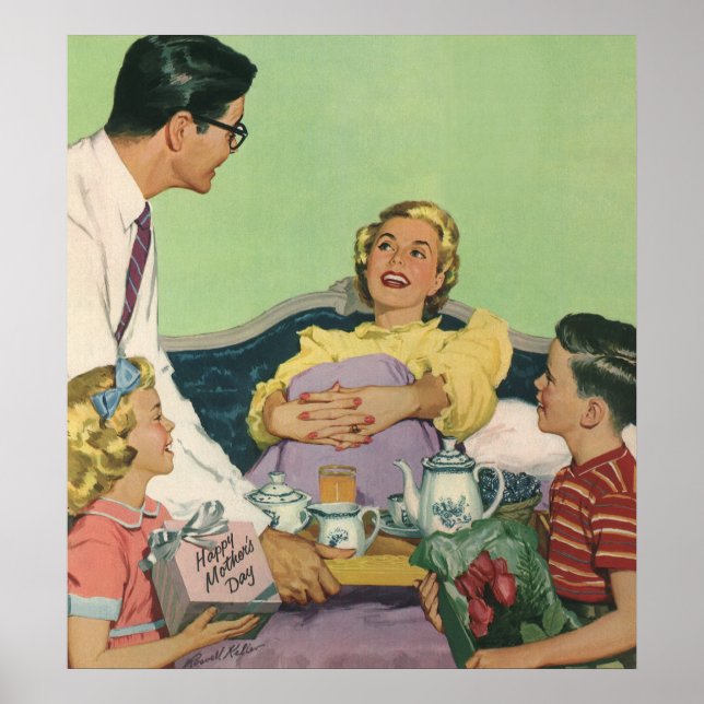 Retro Family Serves Mom Breakfast in Bed Poster (Front)
