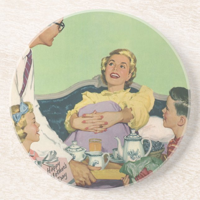 Retro Family Serves Mom Breakfast in Bed Sandstone Coaster (Front)