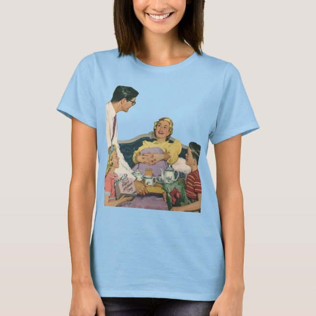 Retro Family Serves Mom Breakfast in Bed T-Shirt (Front)
