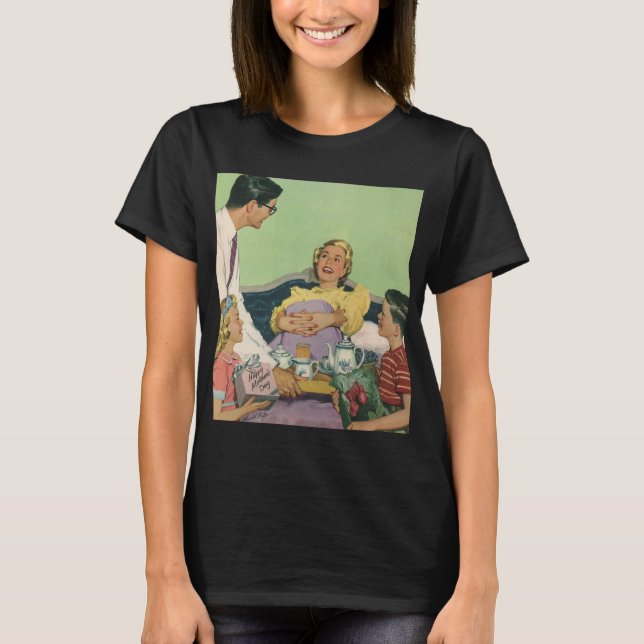 Retro Family Serves Mom Breakfast in Bed T-Shirt (Front)