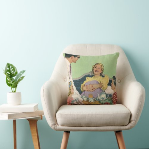 Retro Family Serves Mom Breakfast in Bed Throw Pillow