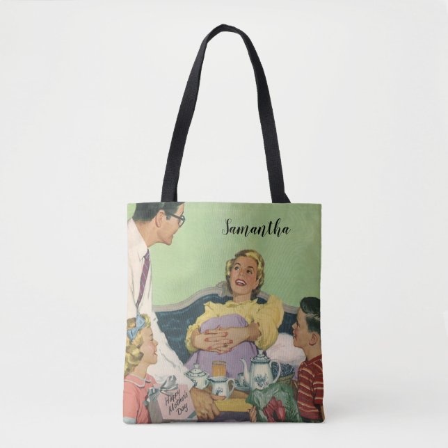 Retro Family Serves Mom Breakfast in Bed Tote Bag (Front)