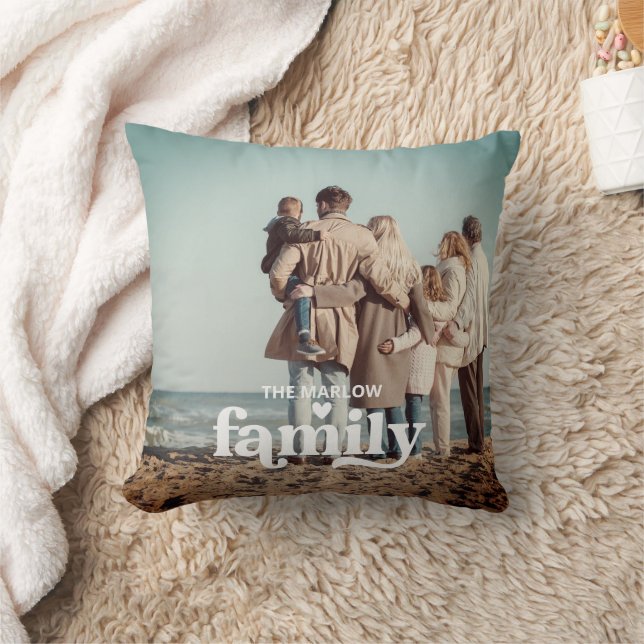 Retro Family Text Overlay Photo Keepsake Throw Pillow (Blanket)