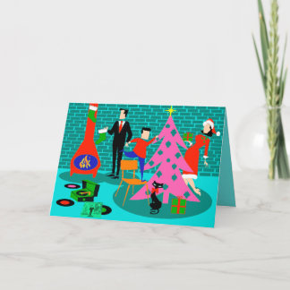 Retro Family Trimming the Christmas Tree Card