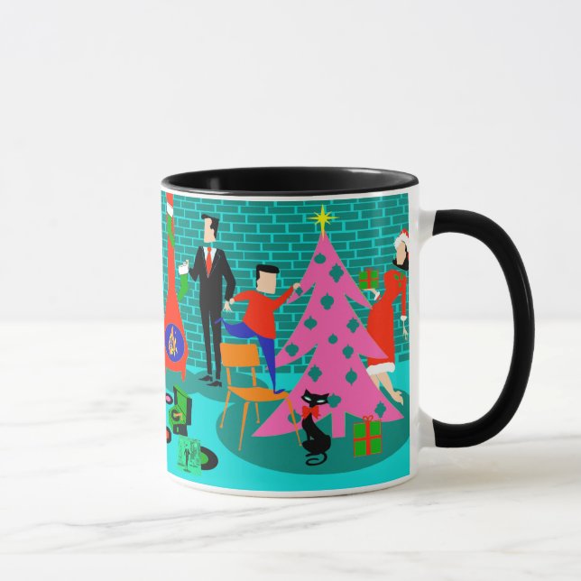 Retro Family Trimming the Christmas Tree Mug (Right)