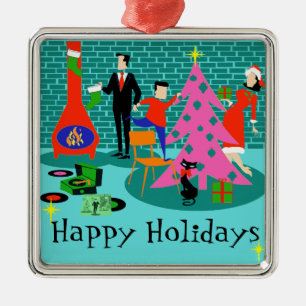 Retro Family Trimming the Christmas Tree Ornament